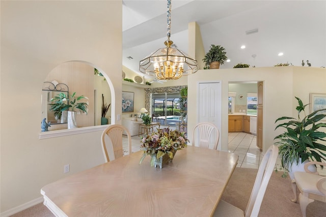 511 Governors Green Dr, Venice, FL 34293 - dining area with high vaulted ceiling, a chandelier, and visible vents