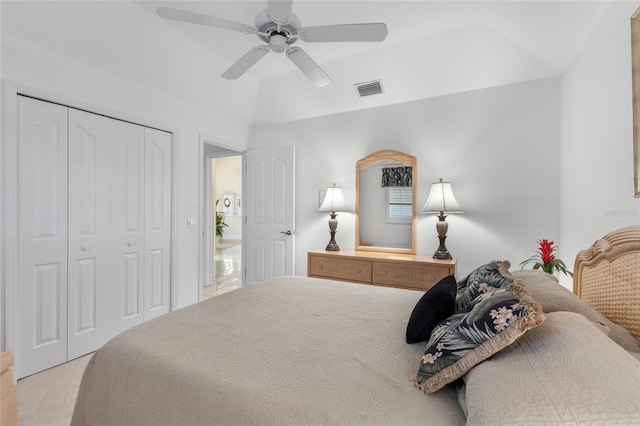 511 Governors Green Dr, Venice, FL 34293 - bedroom featuring vaulted ceiling, a ceiling fan, a closet, carpet, and visible vents