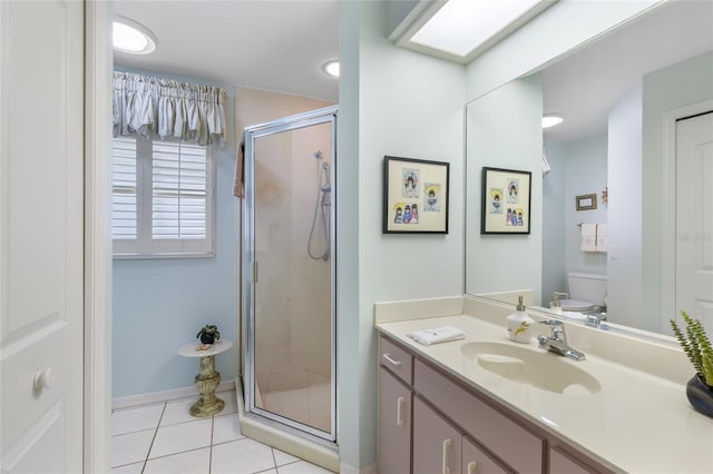 511 Governors Green Dr, Venice, FL 34293 - bathroom featuring tile patterned floors, toilet, a stall shower, baseboards, and vanity