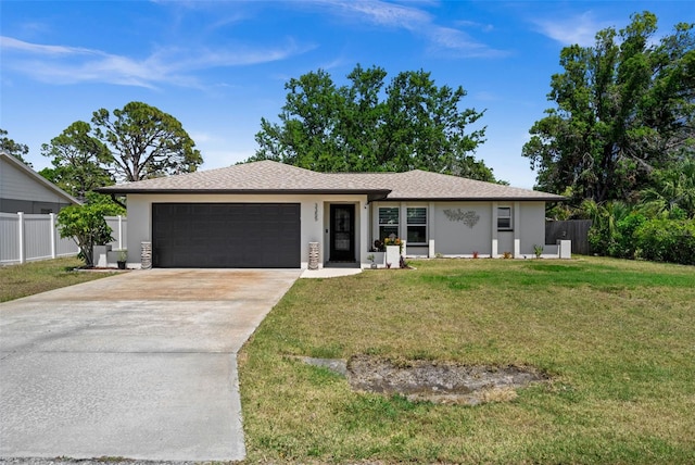 3355 Roslyn Rd, Venice, FL 34293 - single story home with a front lawn, concrete driveway, fence, a garage, and stucco siding