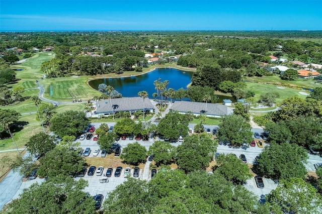 bird's eye view featuring a water view, a residential view, and view of golf course