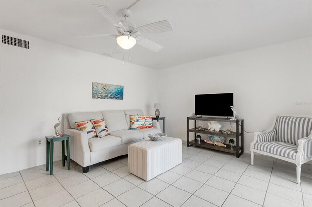 360 Base Ave E Unit 413, Venice, FL 34285 - living room featuring a ceiling fan, visible vents, and light tile patterned flooring