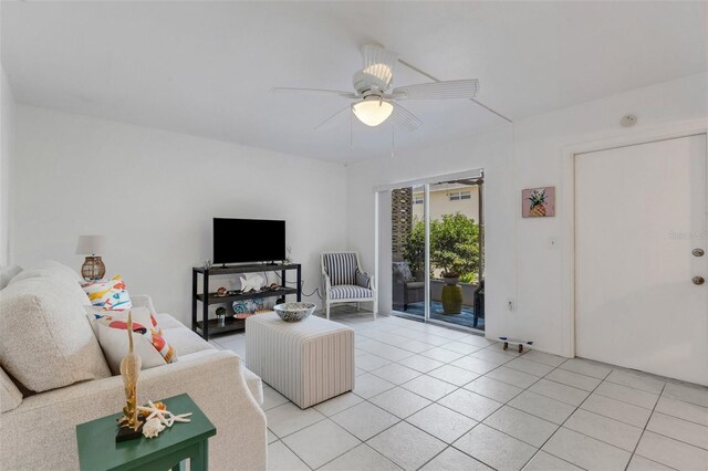 360 Base Ave E Unit 413, Venice, FL 34285 - living area featuring ceiling fan and light tile patterned floors