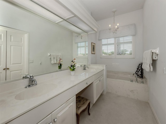 full bath with a garden tub, a sink, a notable chandelier, and double vanity