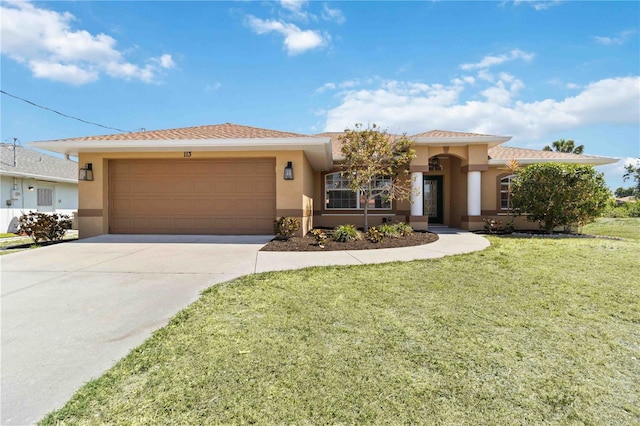 view of front of property featuring a garage, a front lawn, stucco siding, and concrete driveway