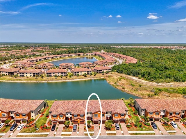 birds eye view of property with a residential view and a water view