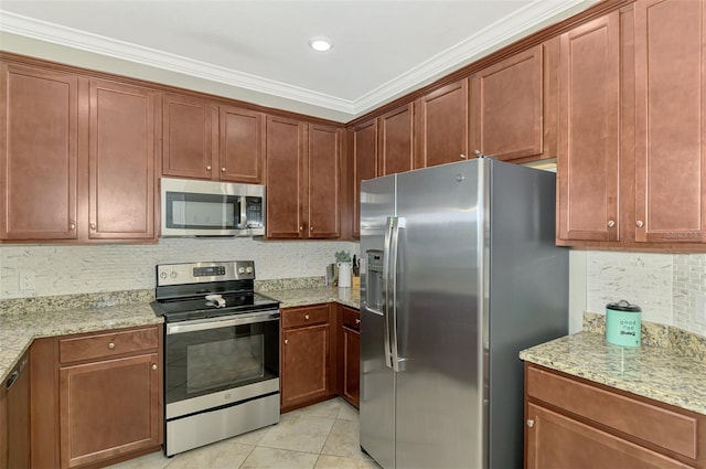 kitchen featuring ornamental molding, light tile patterned floors, light stone counters, backsplash, and stainless steel appliances