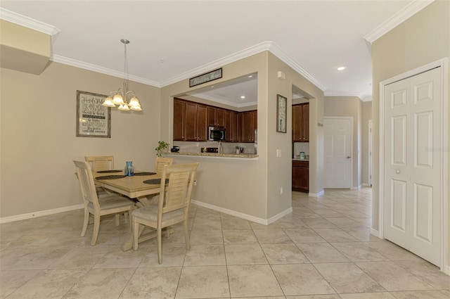 dining space featuring ornamental molding, baseboards, recessed lighting, a chandelier, and light tile patterned floors