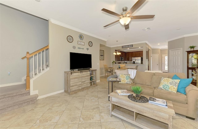 living area featuring stairway, ornamental molding, a ceiling fan, and visible vents