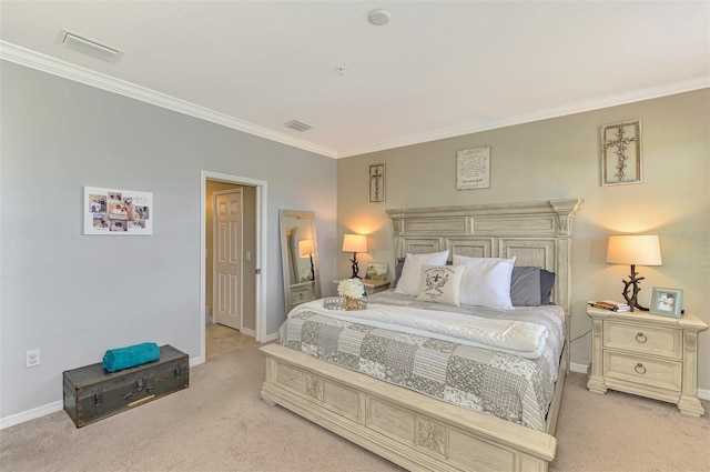 bedroom with baseboards, visible vents, light carpet, and ornamental molding
