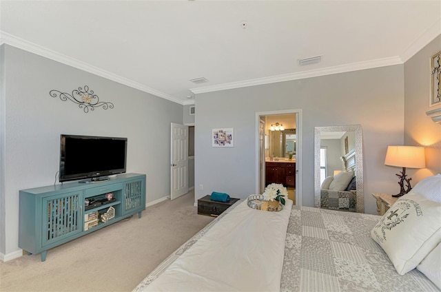 bedroom with baseboards, ornamental molding, carpet, and visible vents