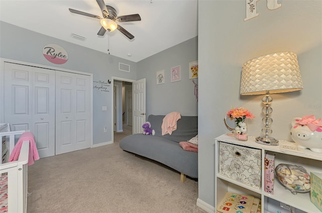 rec room with carpet floors, baseboards, a ceiling fan, and visible vents