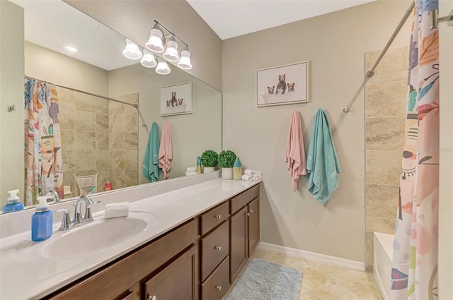 full bathroom featuring shower / bath combination with curtain and vanity