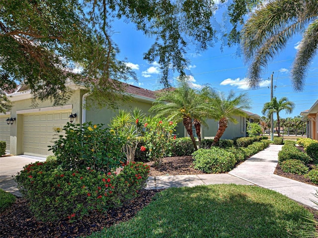 view of front of house with a garage, stucco siding, and concrete driveway