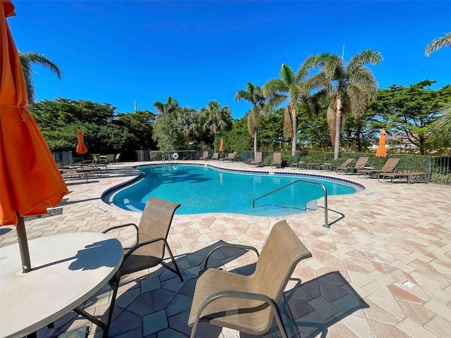 community pool with a patio and fence