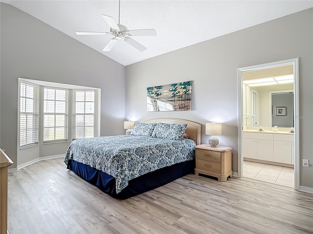 542 Clubside Cir Unit 20, Venice, FL 34293 - bedroom featuring ceiling fan, high vaulted ceiling, light wood-style flooring, baseboards, and ensuite bathroom