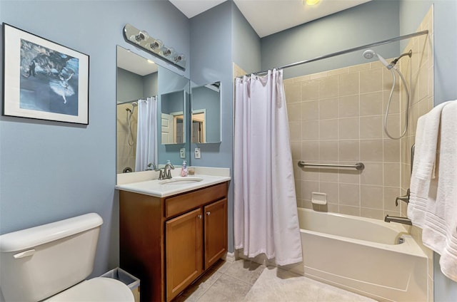 full bathroom featuring vanity, tile patterned flooring, shower / bath combo with shower curtain, and toilet