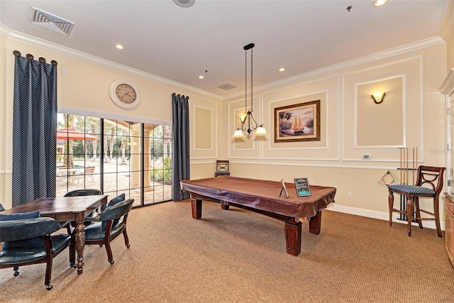 rec room with visible vents, crown molding, a decorative wall, light colored carpet, and billiards