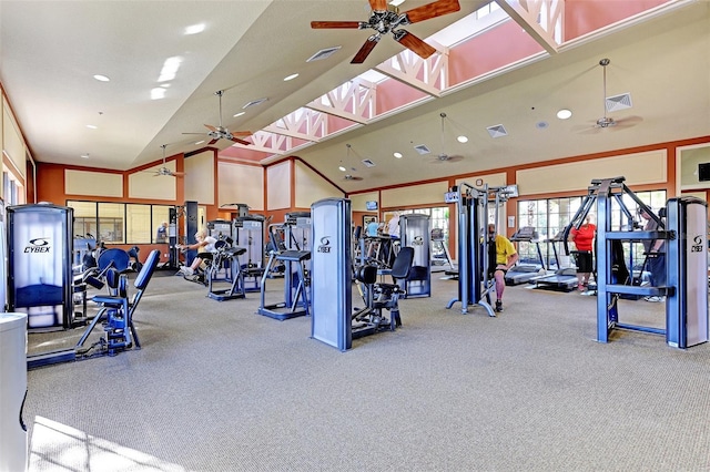 workout area featuring recessed lighting, ceiling fan, and visible vents