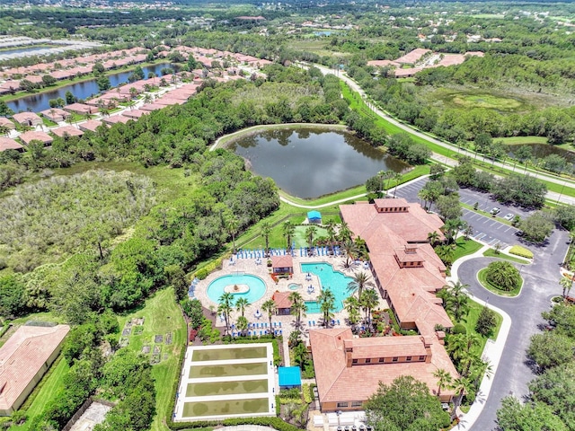 birds eye view of property featuring a water view