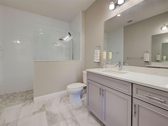 220 Sarezzo Cir, Nokomis, FL 34275 - full bathroom with walk in shower, toilet, vanity, and marble finish flooring