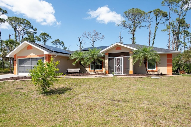 14124 Kewanee Ln, Port Charlotte, FL 33981 - ranch-style home with a front lawn, solar panels, and stucco siding