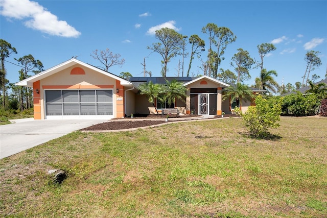 14124 Kewanee Ln, Port Charlotte, FL 33981 - ranch-style house with a front yard, a garage, concrete driveway, solar panels, and stucco siding