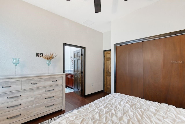 66 Statler St, Port Charlotte, FL 33954 - bedroom with a ceiling fan, ensuite bathroom, visible vents, dark wood-style floors, and a closet