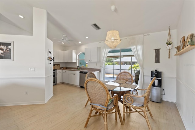 5264 Albion Rd, Venice, FL 34293 - dining room with visible vents, ceiling fan, light wood-style flooring, and recessed lighting