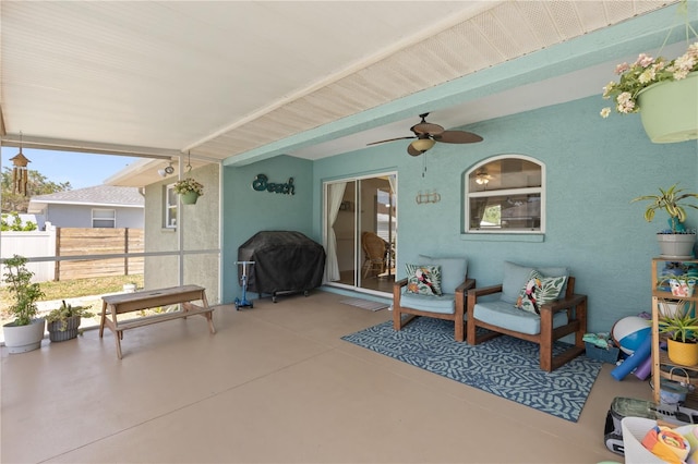 5264 Albion Rd, Venice, FL 34293 - view of patio with outdoor lounge area, ceiling fan, a grill, and fence