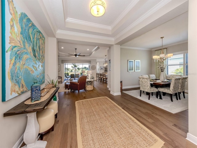 entryway with wood finished floors, a notable chandelier, plenty of natural light, and a tray ceiling