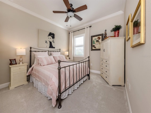 bedroom with light colored carpet, ceiling fan, ornamental molding, and baseboards