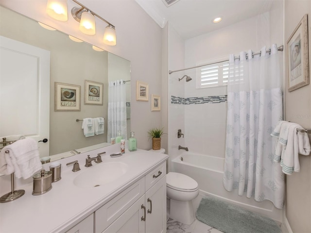 full bathroom with toilet, vanity, marble finish floor, and shower / tub combo with curtain
