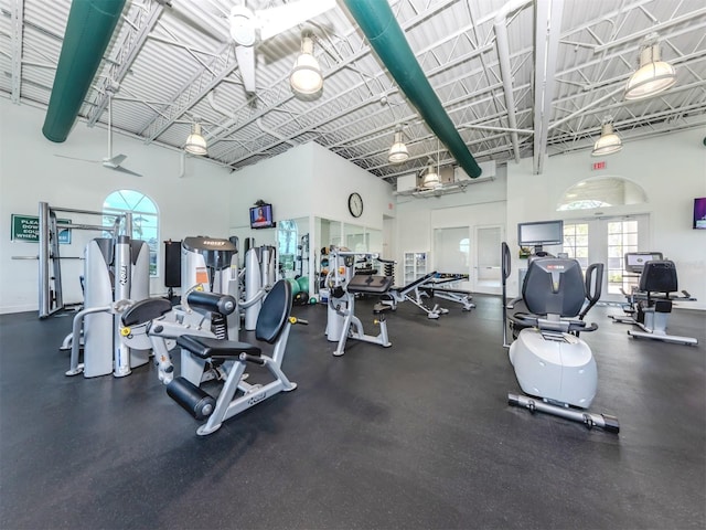 workout area with a towering ceiling