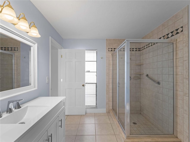 full bath featuring tile patterned flooring, a shower stall, and vanity