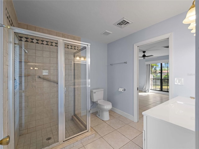 bathroom featuring toilet, tile patterned flooring, visible vents, and a shower stall