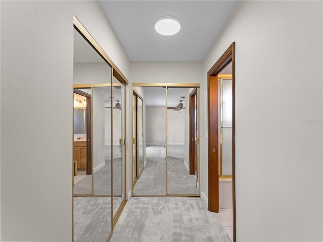hall featuring carpet flooring