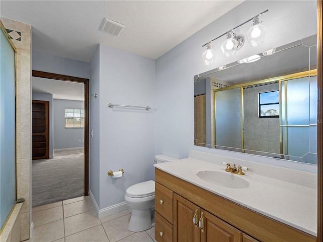 bathroom featuring tile patterned floors, visible vents, an enclosed shower, and toilet