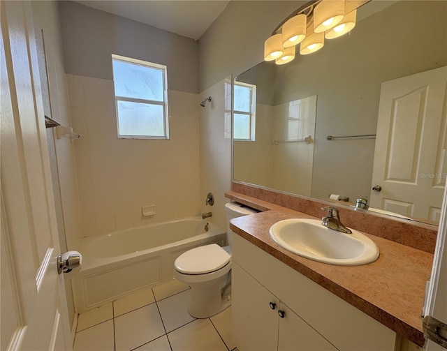 full bath featuring tile patterned floors, vanity, toilet, and shower / tub combination