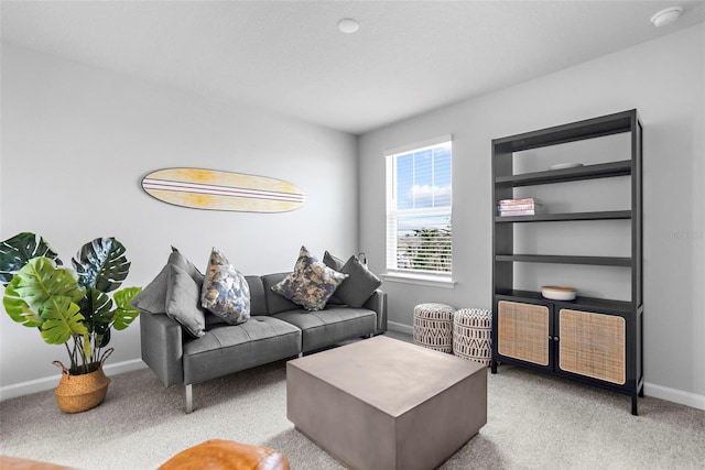 carpeted living area featuring baseboards