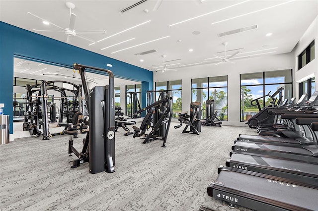 workout area with ceiling fan, recessed lighting, and visible vents