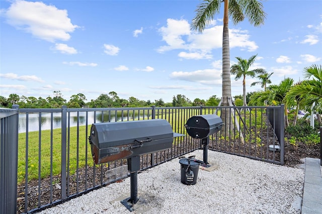 view of patio / terrace with a water view