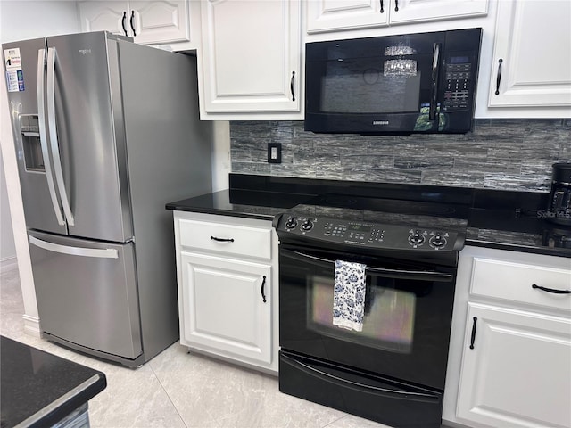 kitchen featuring black appliances, dark countertops, backsplash, and white cabinetry