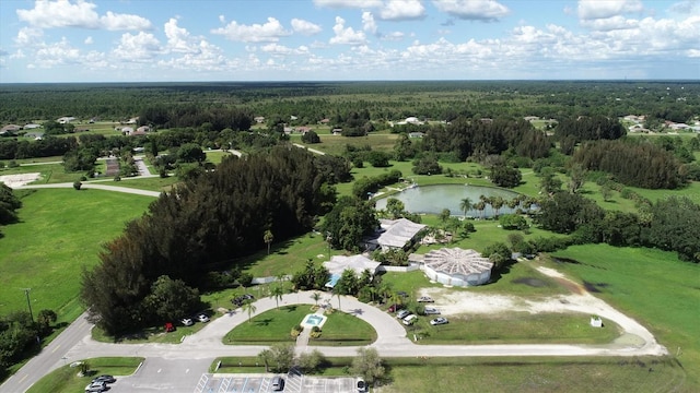 bird's eye view with a water view and a forest view