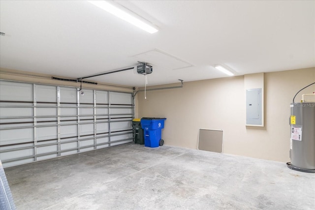 garage featuring a garage door opener, water heater, and electric panel
