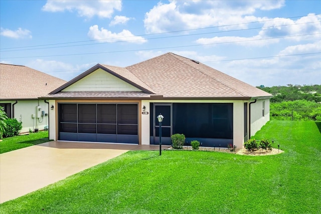 ranch-style home featuring a shingled roof, a front lawn, and stucco siding