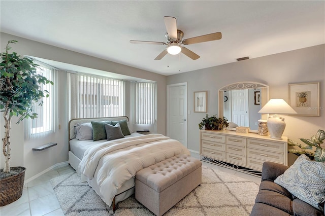 bedroom featuring visible vents, a ceiling fan, and baseboards