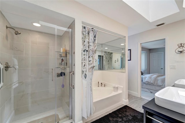 bathroom featuring connected bathroom, visible vents, a stall shower, recessed lighting, and a garden tub