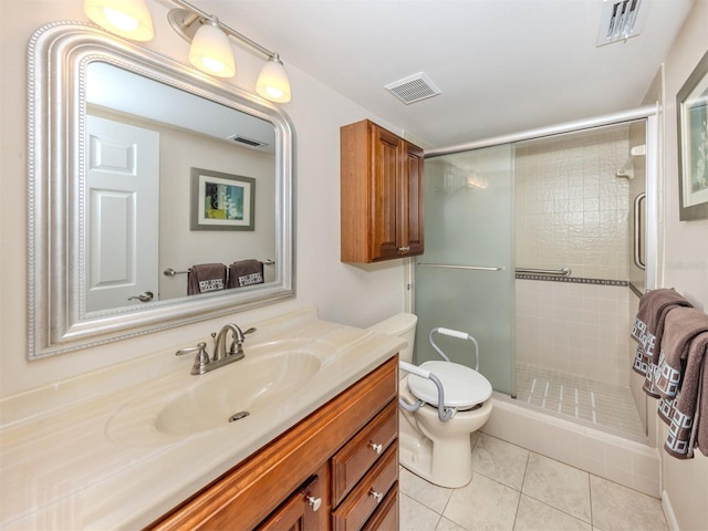 bathroom with toilet, visible vents, and a shower stall