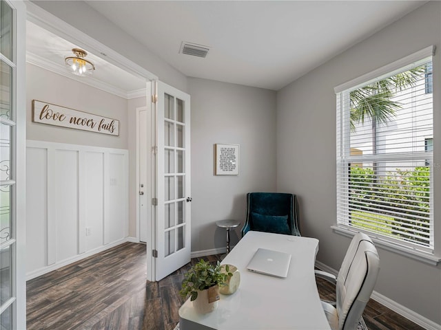 8304 Shooting Star Rd, Sarasota, FL 34241 - office area with french doors, healthy amount of natural light, and dark wood-type flooring